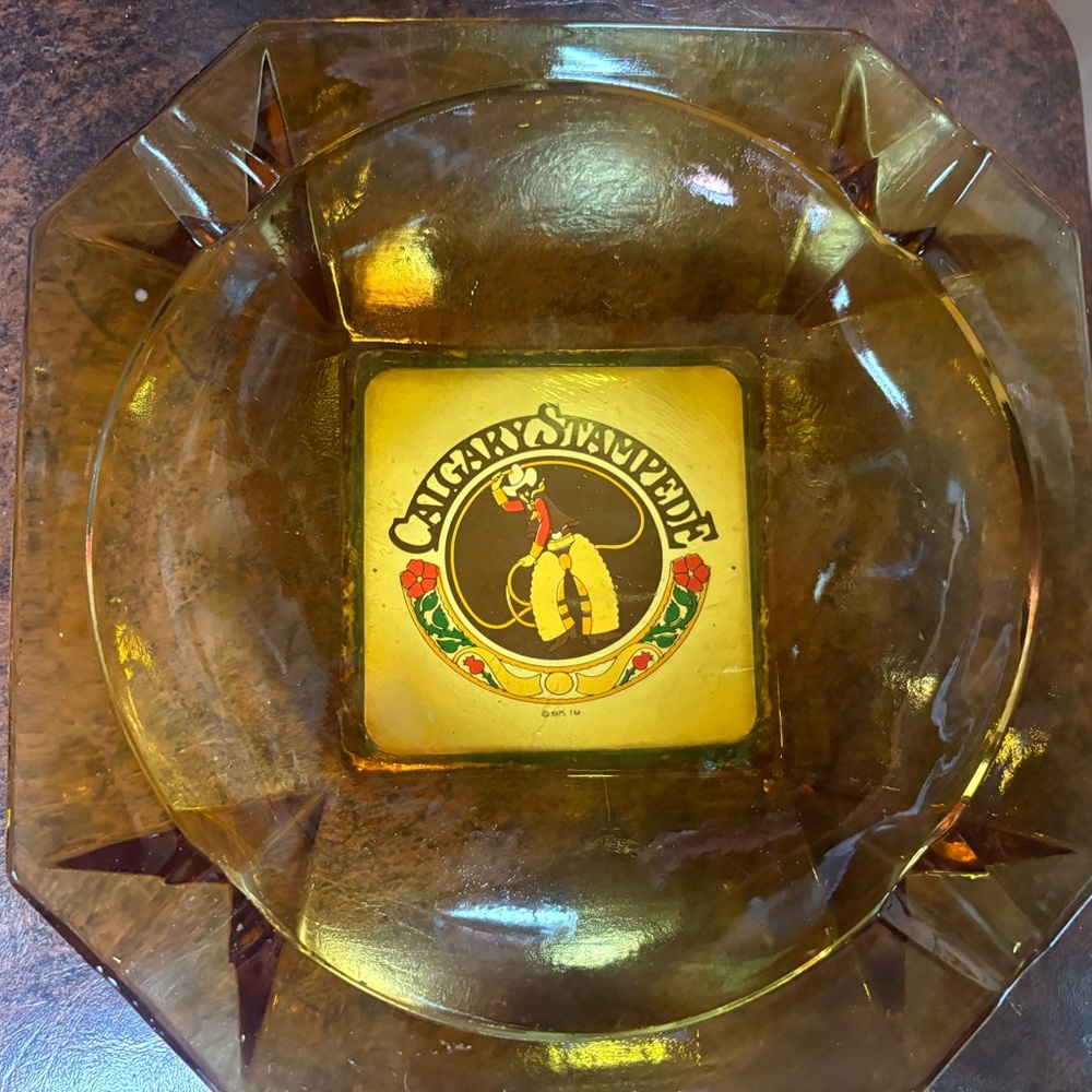 Man Cave Calgary Stampede Amber Glass Art ashtray vintage